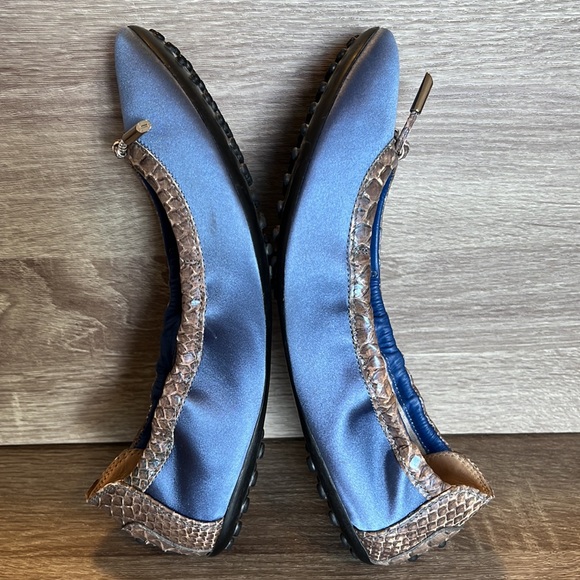Authentic Tod's Blue Satin With Snakeskin Trim Scrunch Dee Ballet Flats - Picture 9 of 16